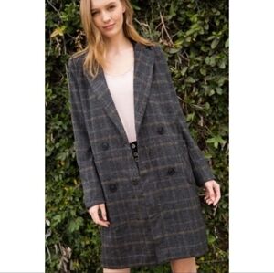 Plaid Gray Double Breasted Wool Blend Coat Preppy Contemporary Winter Work Small